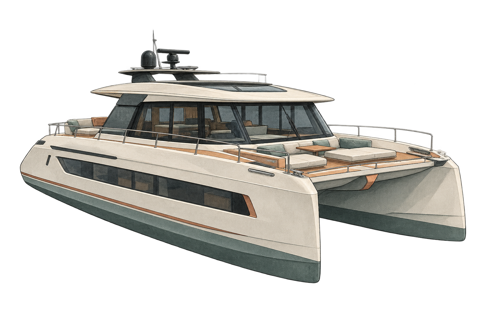 Editorial illustration of a modern power catamaran