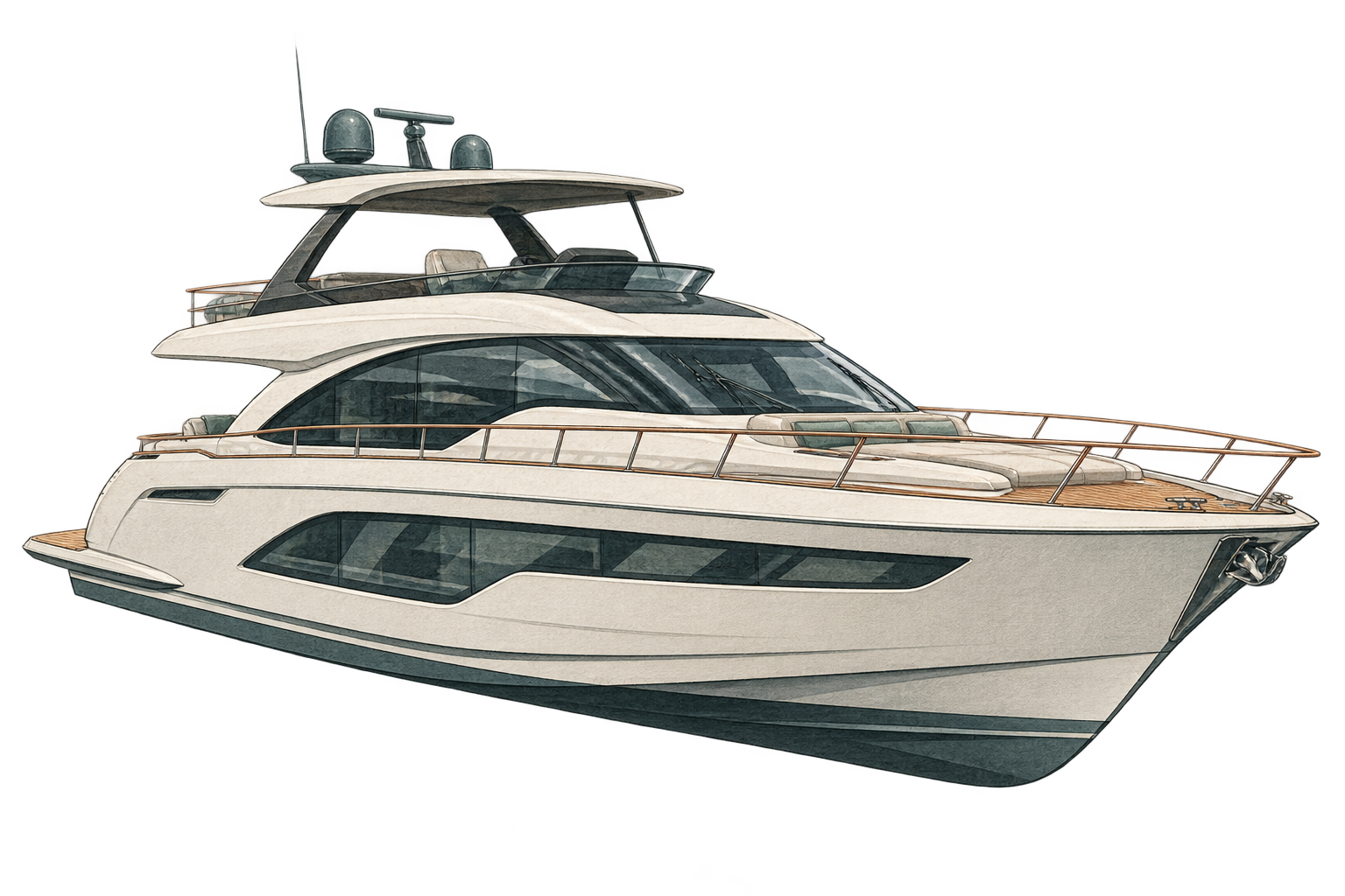 Editorial illustration of a modern motor yacht